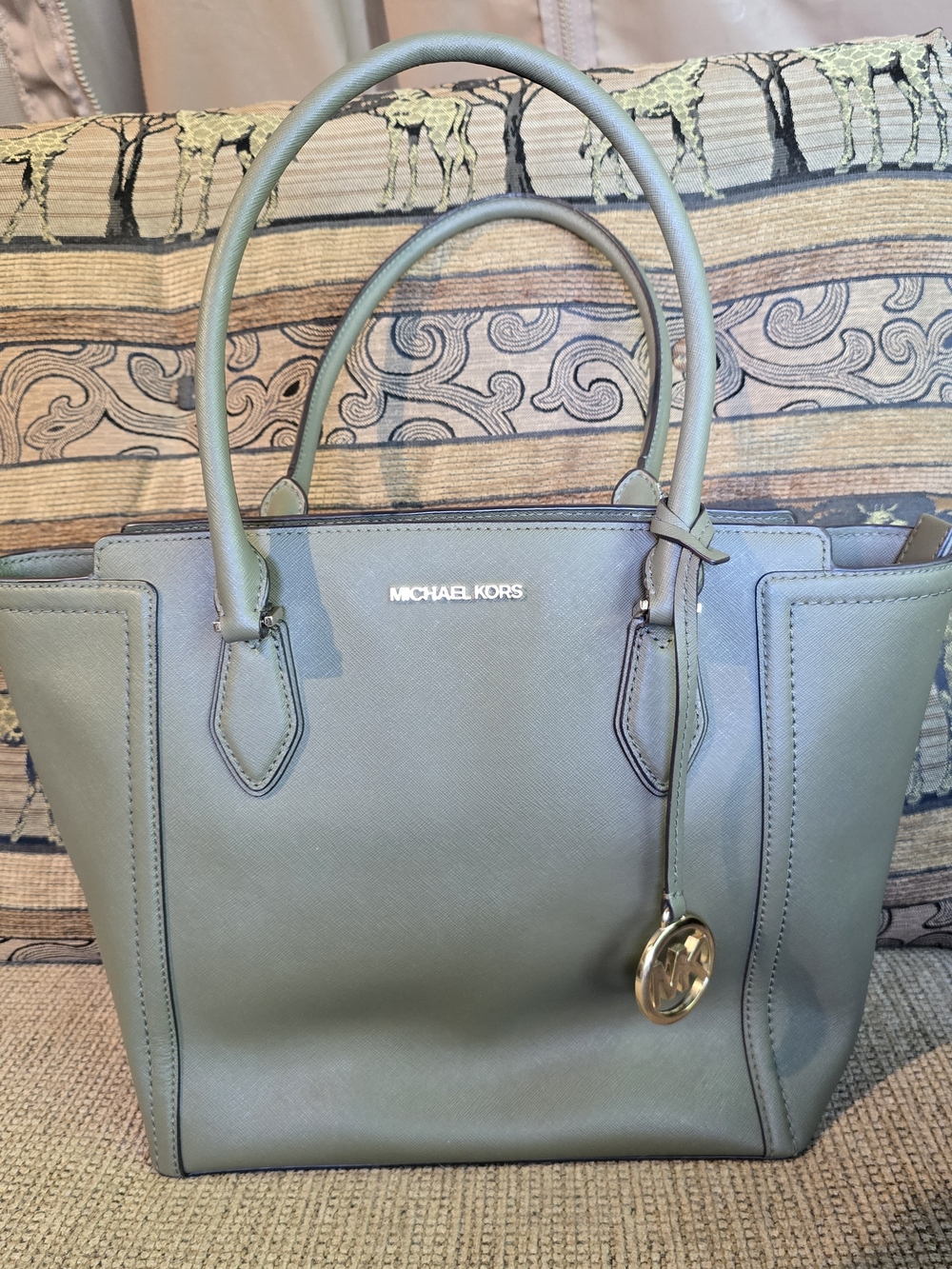 MICHAEL KORS Olive Saffiano Leather Tote with Gold Logo Charm